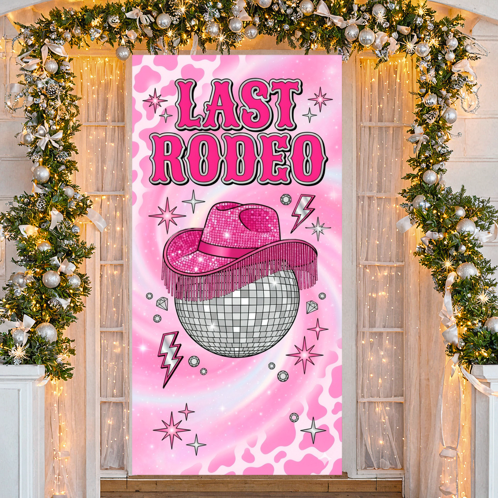 Cowboy Hat Straw - Pink Last Rodeo Backdrop Disco Ball