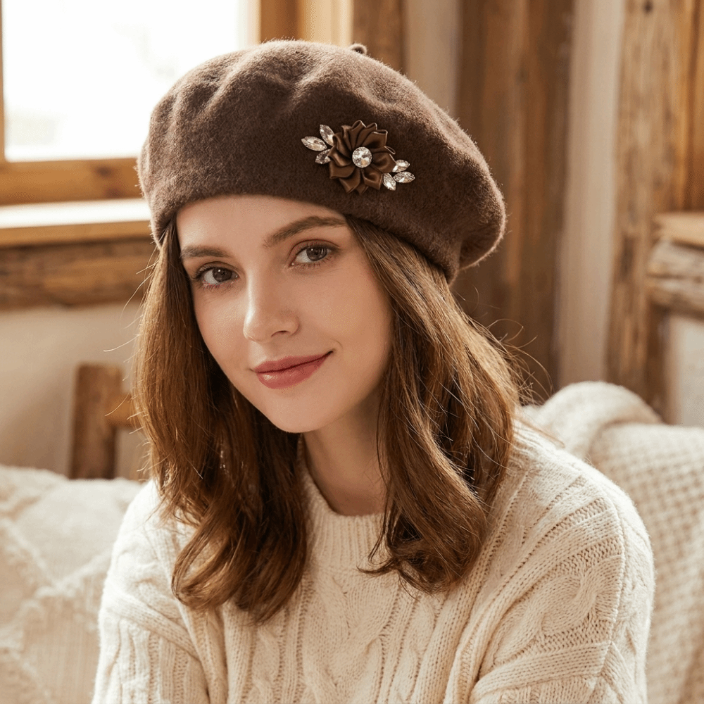 Beret French Wool - Fashion Solid Color Wool Beret Floral