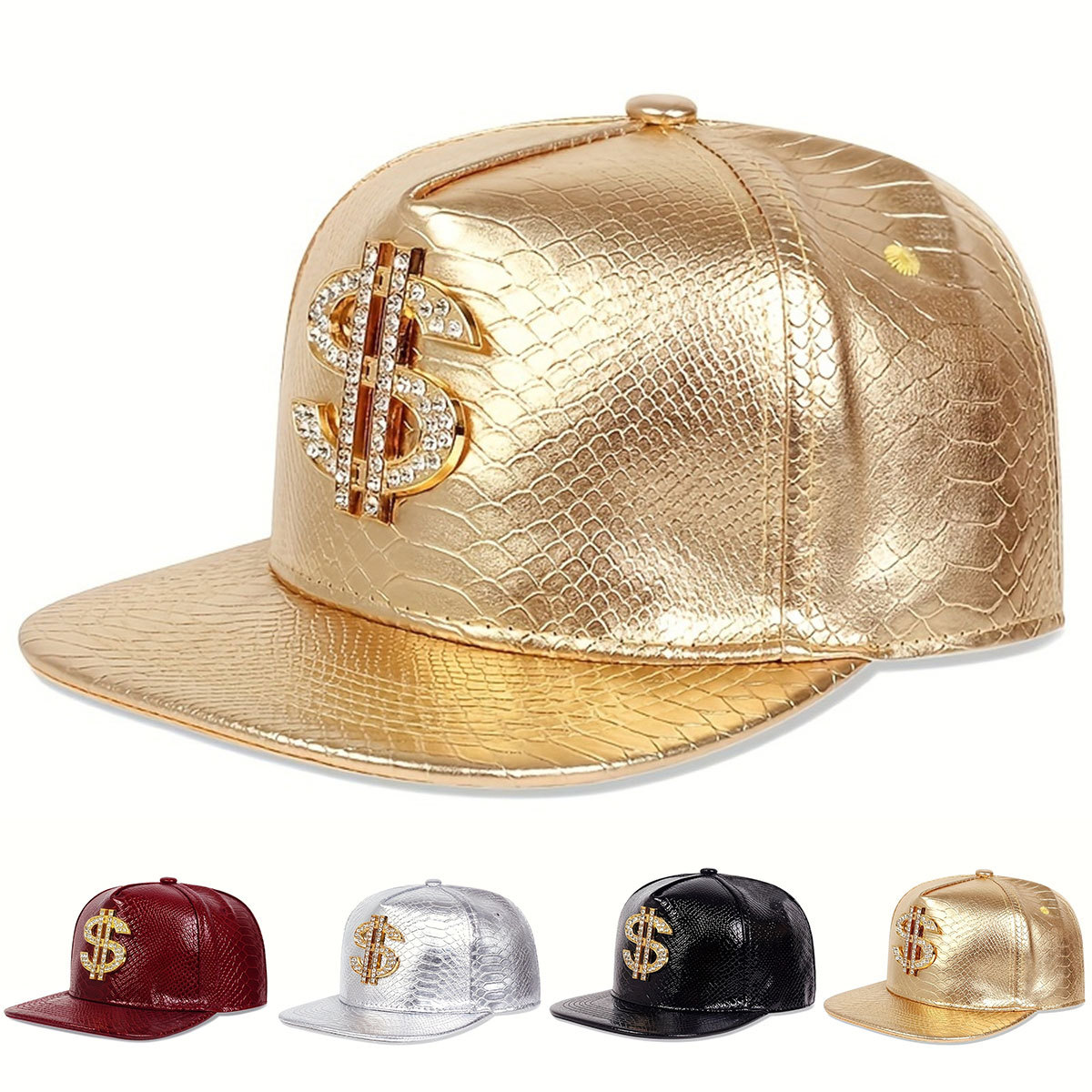 Snapback Hat Flat - Leather Metallic Dollar Sign Baseball Cap