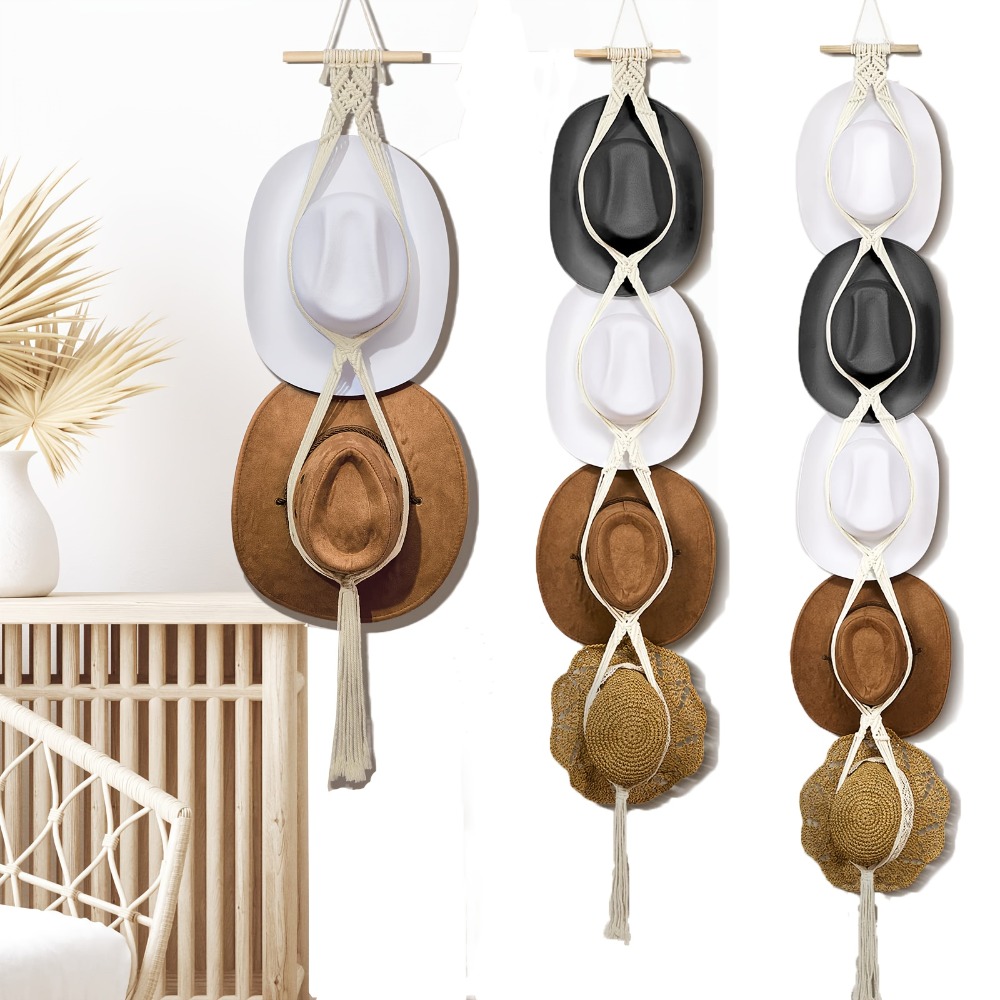 Sun Hat Wide Brim - Bohemian Macrame Hat Hanger Hand-Woven Wall