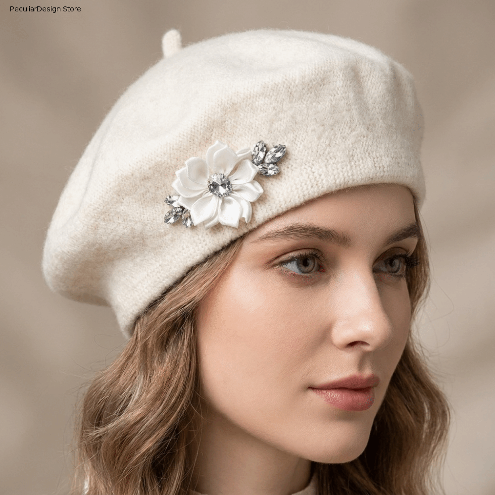 Beret French Wool - Vintage Solid Color Wool Beret Crystal
