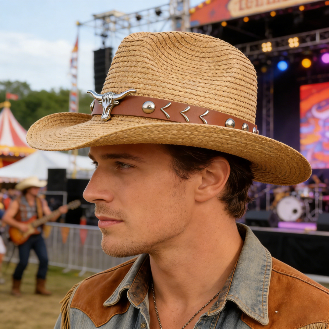 Cowboy Hat Straw - Vintage Straw Western Cowboy Hat Bull